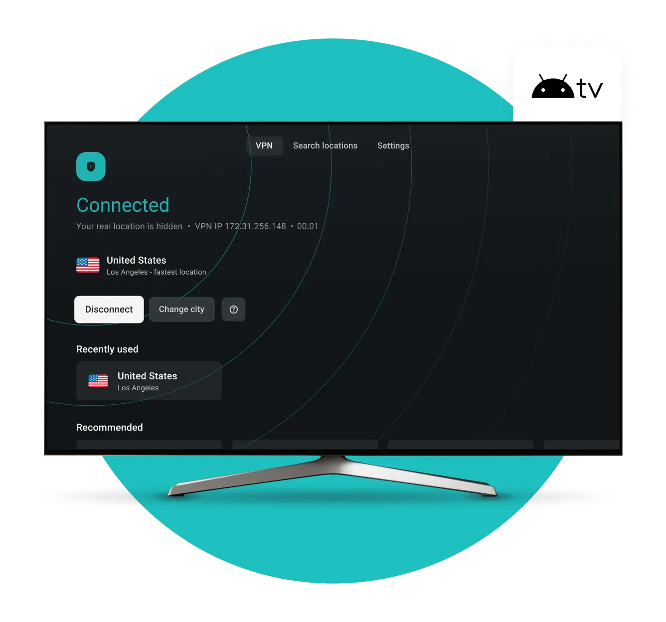 오른쪽 상단 모서리에 Android TV 배지가 있고 미국에 연결된 Surfshark VPN 앱을 보여주는 스마트 TV 화면.