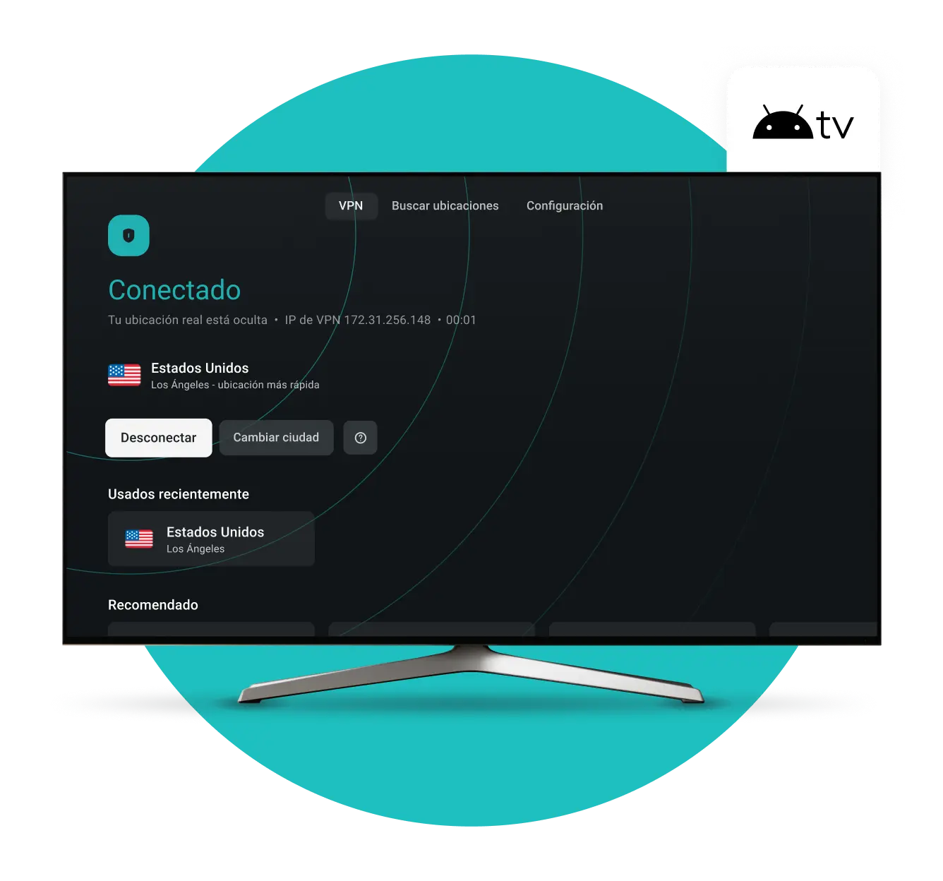 Pantalla de Smart TV mostrando la aplicación Surfshark VPN conectada a EE. UU. con una insignia de Android TV en la esquina superior derecha.