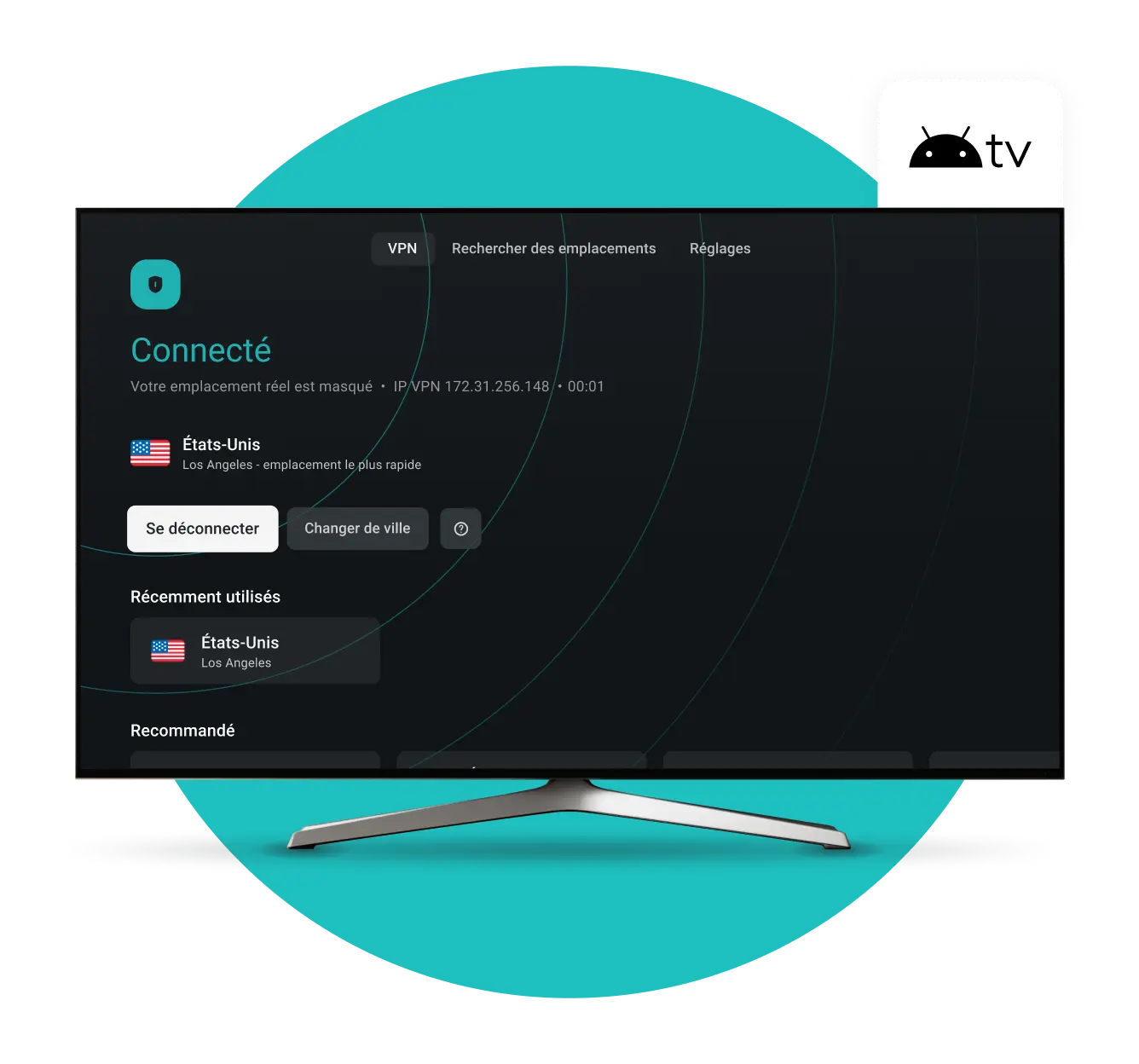 Écran de Smart TV montrant l'application Surfshark VPN connectée aux États-Unis avec un badge Android TV dans le coin supérieur droit.