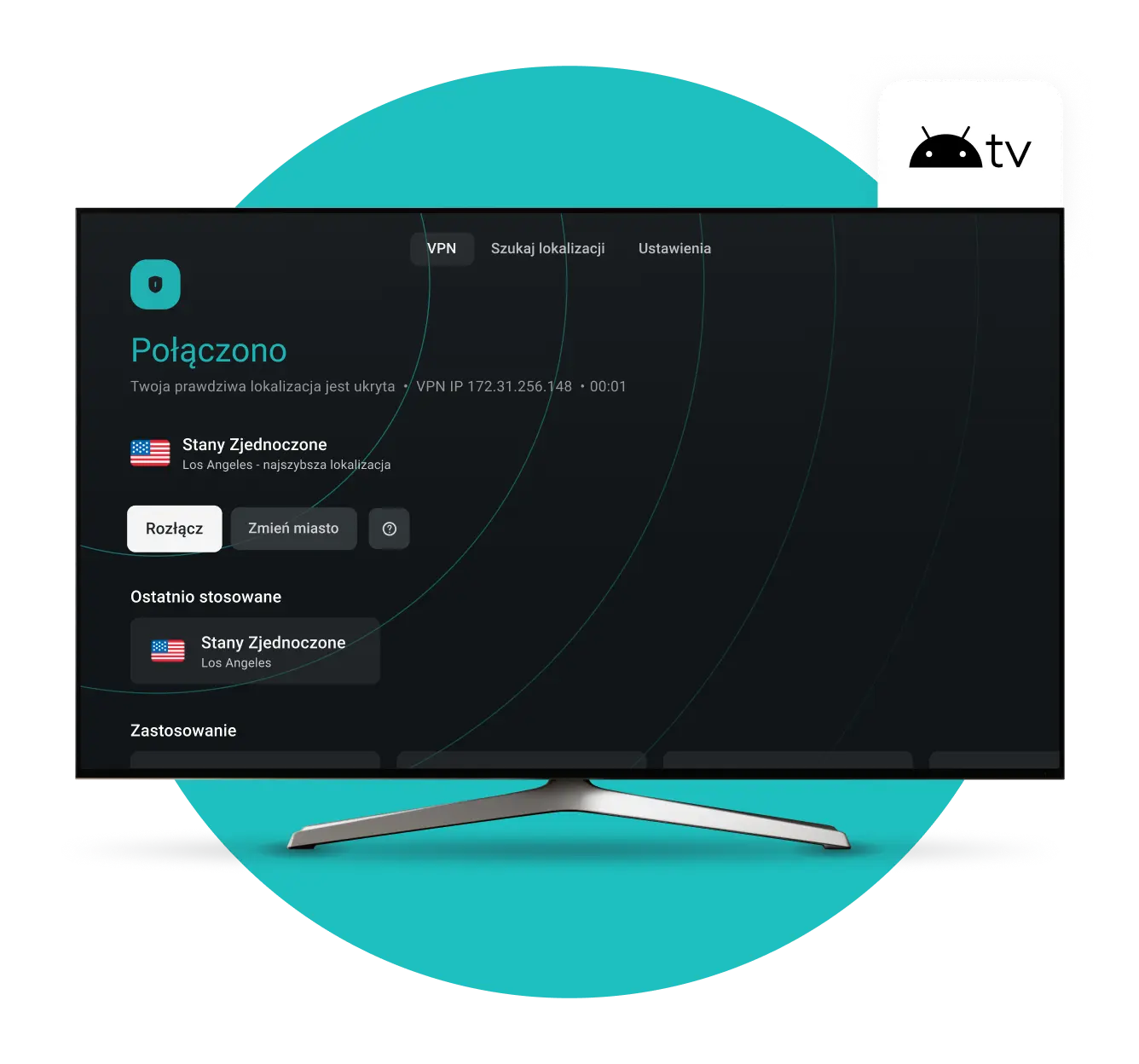 Ekran Smart TV pokazujący aplikację Surfshark VPN połączoną z USA z plakietką Android TV w prawym górnym rogu.