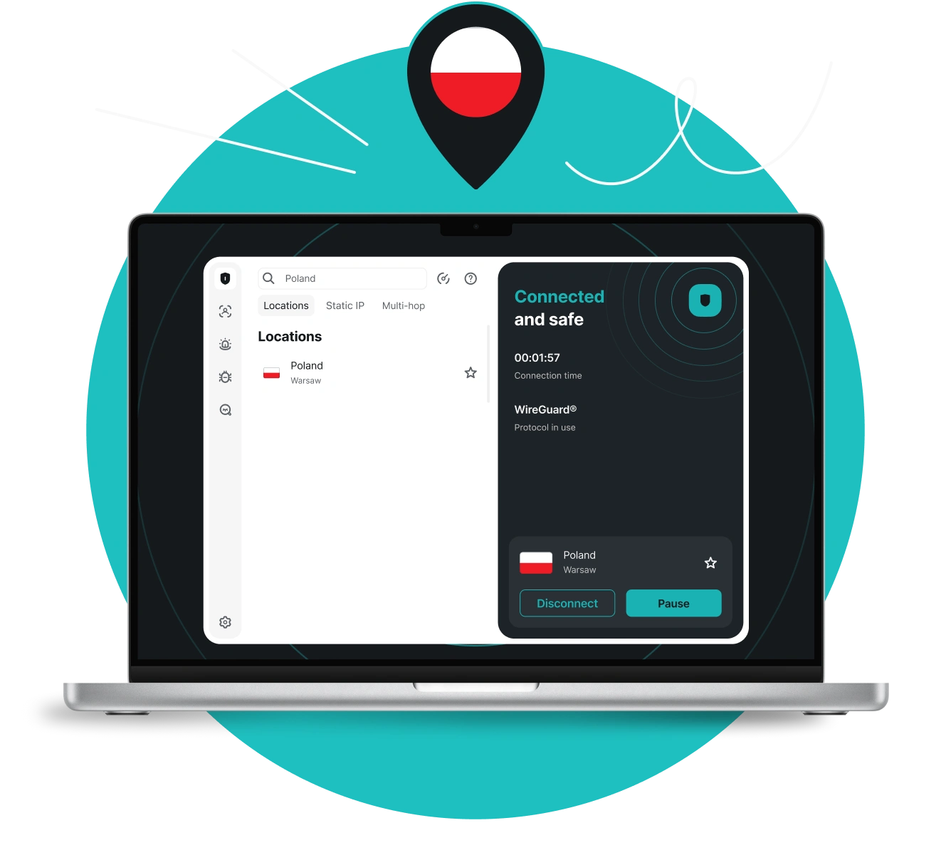 Laptop displaying the Surfshark VPN app connected to a Warsaw server under a map pin with the Polish flag.