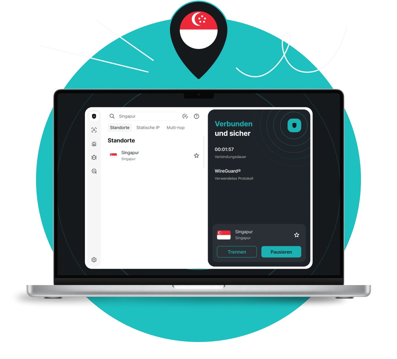 Laptop, der die Surfshark VPN-App anzeigt, die mit einem Singapur-Server verbunden ist, unter einer Kartenstecknadel mit der Flagge Singapurs.