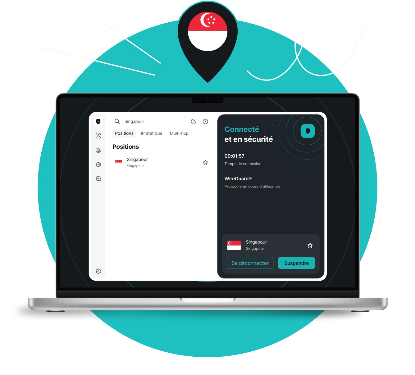 Ordinateur portable affichant l'application VPN Surfshark connectée à un serveur de Singapour sous une épingle de carte avec le drapeau de Singapour.