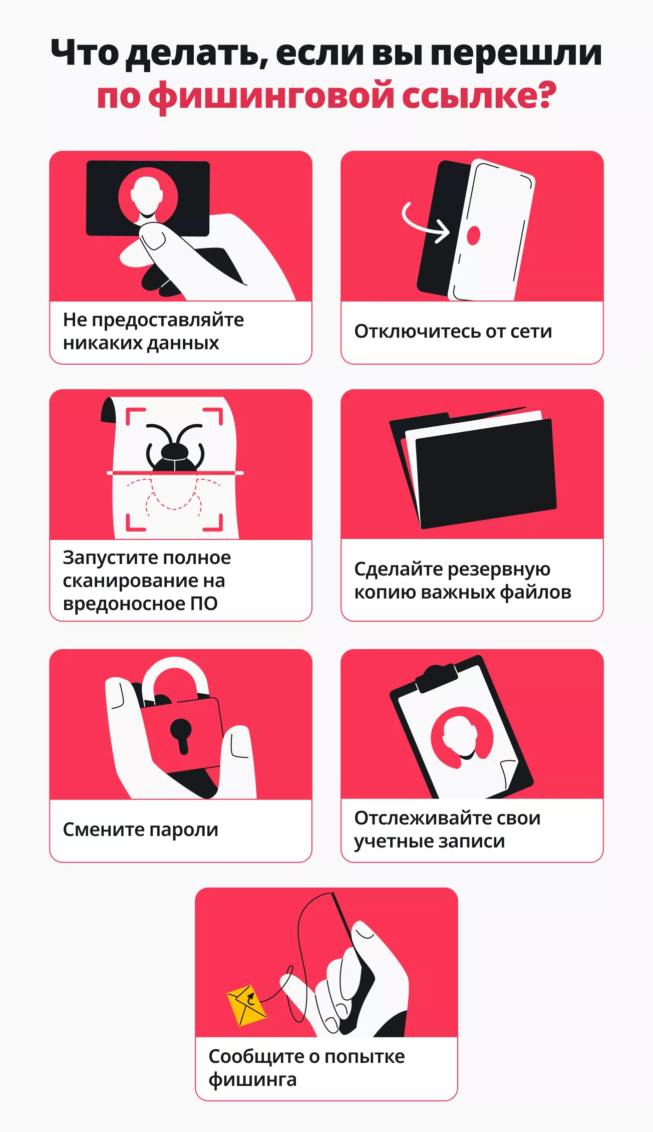 Инфографика со списком из семи действий, которые следует предпринять при переходе по фишинговой ссылке.