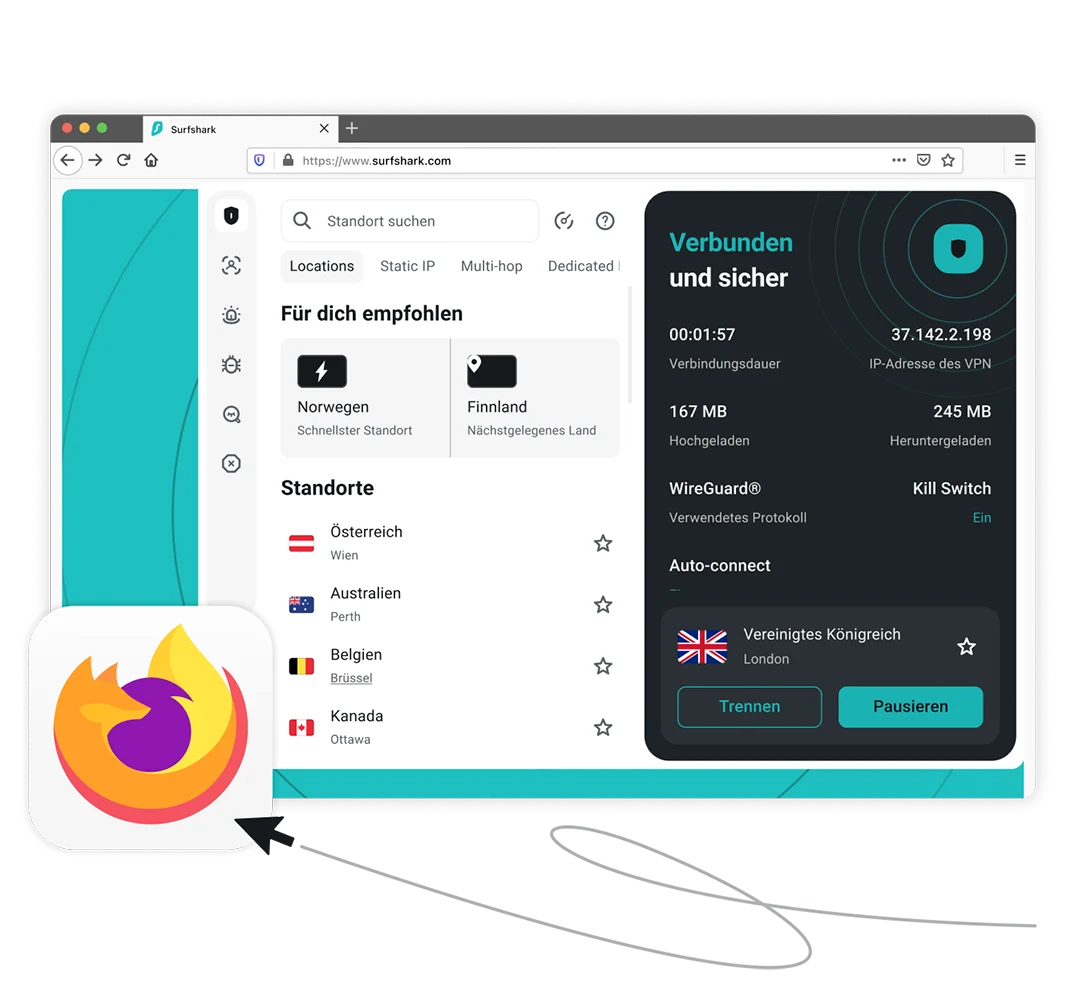 Browserfenster, das die Surfshark VPN-Erweiterung zeigt, die neben dem Mozilla Firefox-Logo mit einem britischen Server in London verbunden ist.