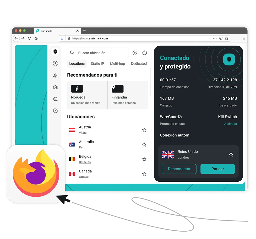 Ventana del navegador que muestra la extensión de Surfshark VPN conectada a un servidor del Reino Unido en Londres junto al logotipo de Mozilla Firefox.