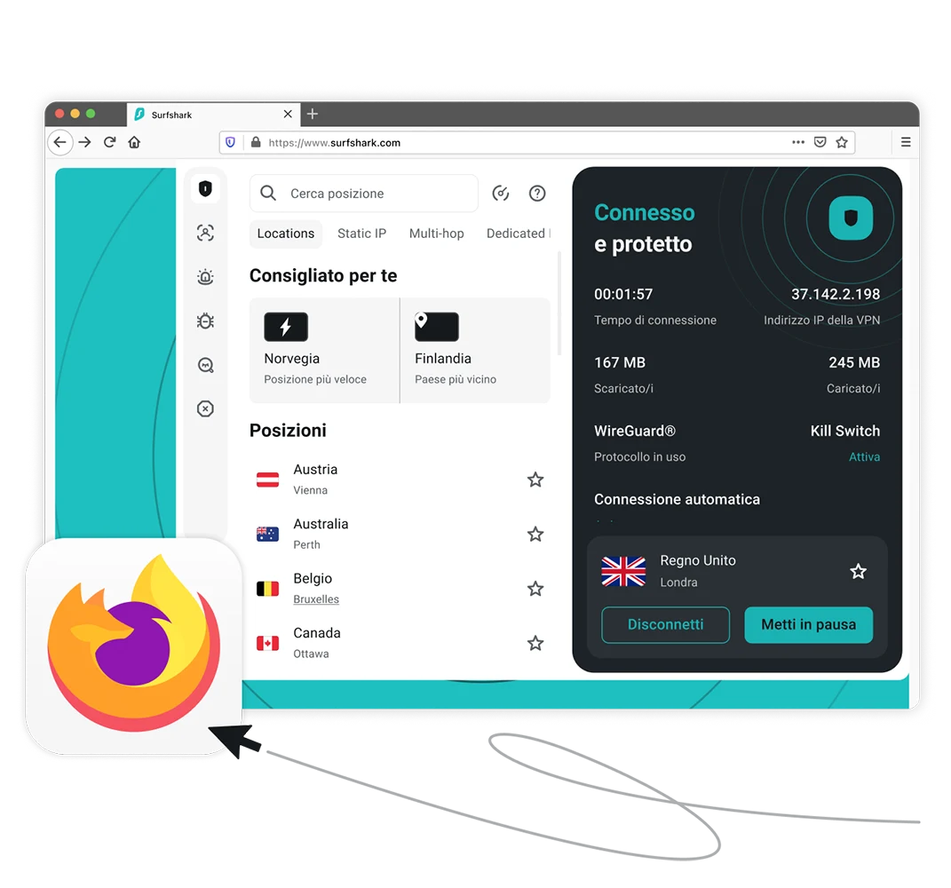 Una finestra del browser che mostra l'estensione di Surfshark VPN connessa a un server del Regno Unito a Londra accanto al logo di Mozilla Firefox.
