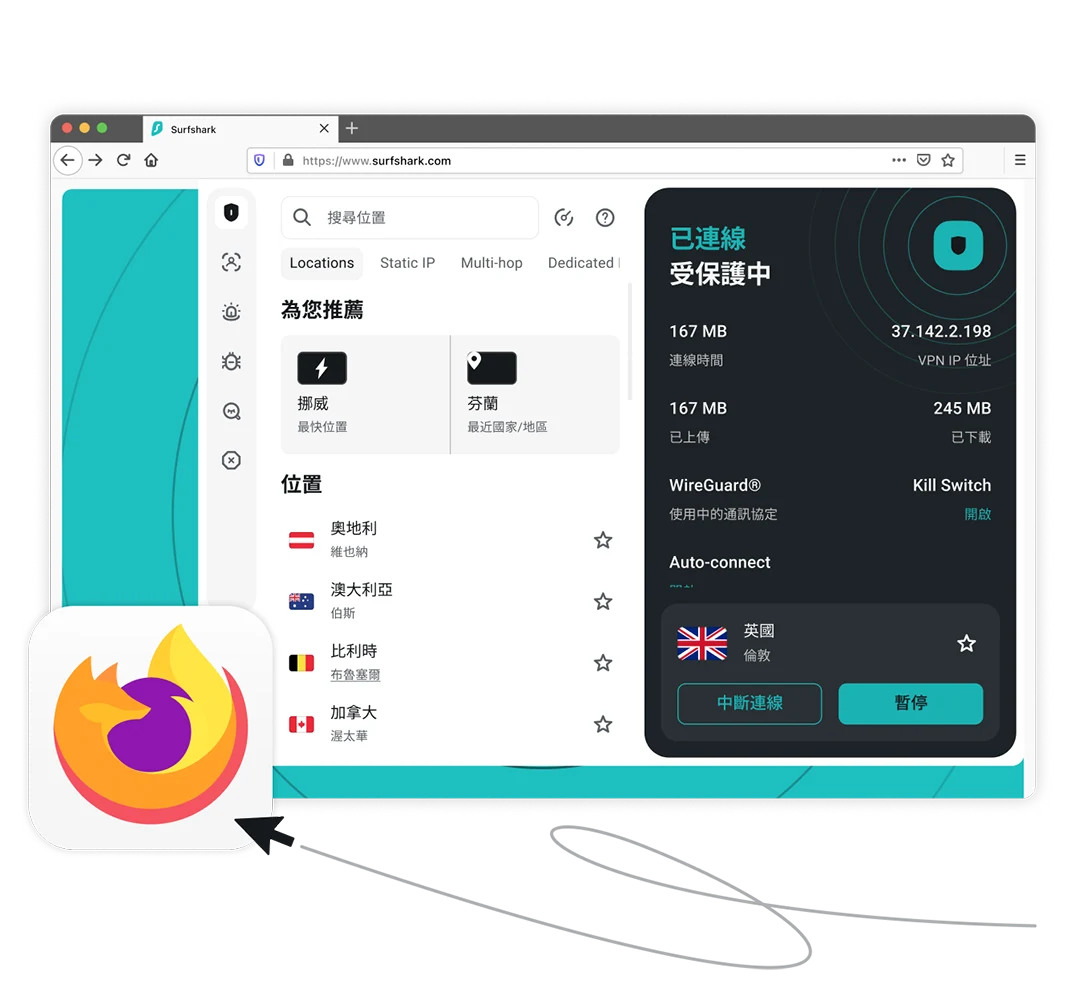 瀏覽器視窗顯示 Mozilla Firefox 標誌旁的 Surfshark VPN 擴充功能已連線至倫敦的英國伺服器。
