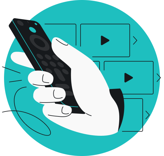 Hand, die eine Fernbedienung hält, mit Video-Wiedergabetasten im Hintergrund.