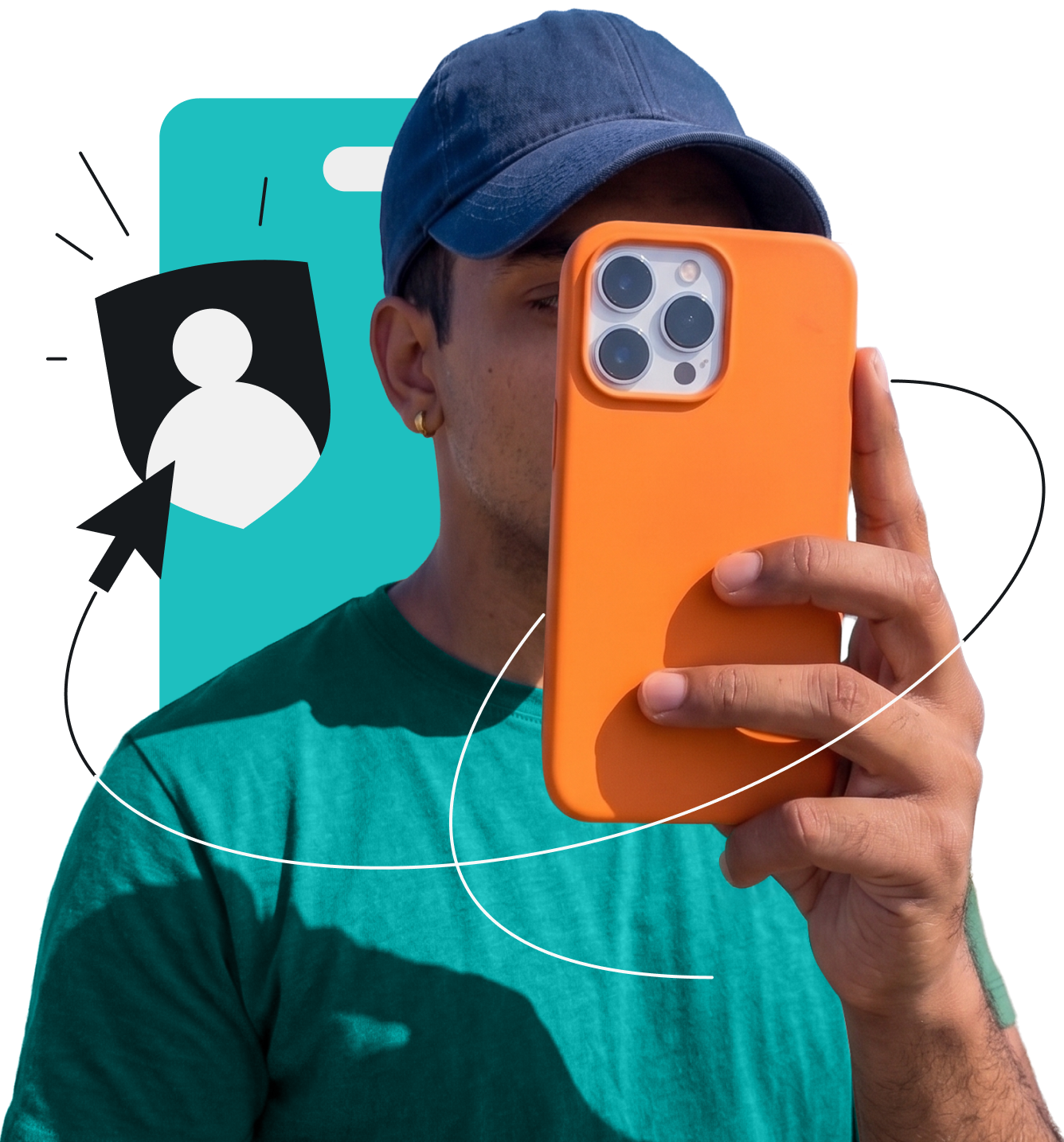 Man in blue cap holding an orange smartphone in front of his face and a shield with a person icon next to him.