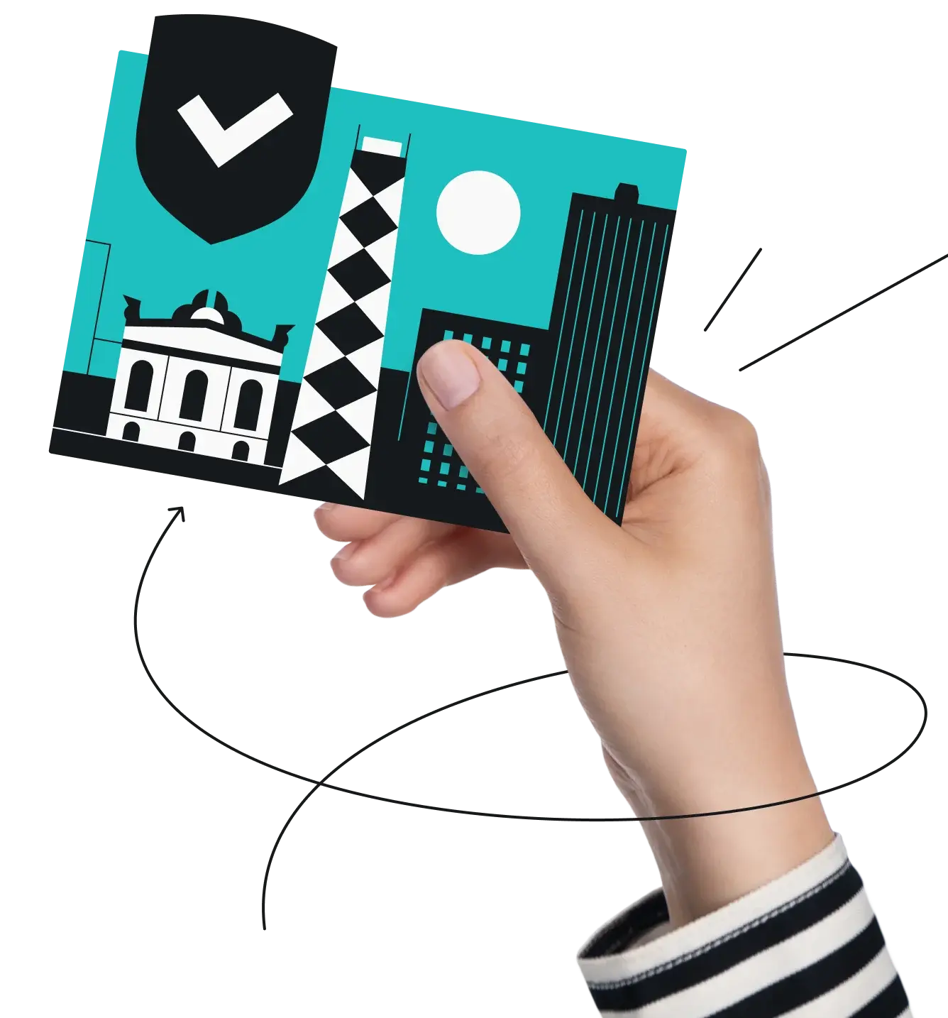 Hand holding card with checkmarked shield and buildings including the Illinois Willis Tower