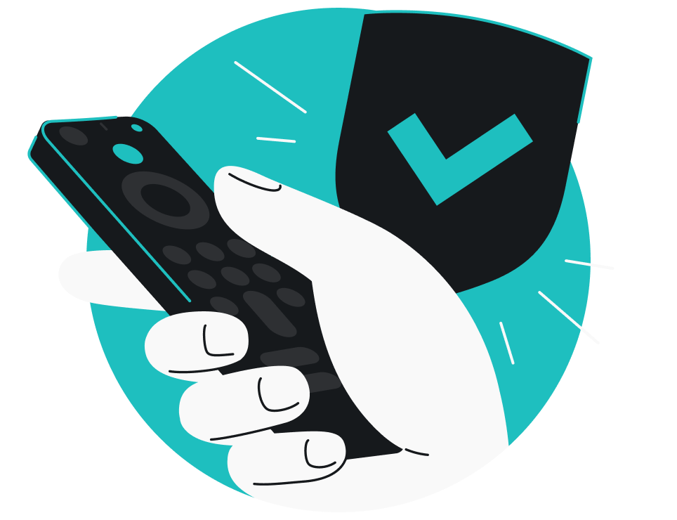 Hand holding a TV remote with a checkmark shield in the background.