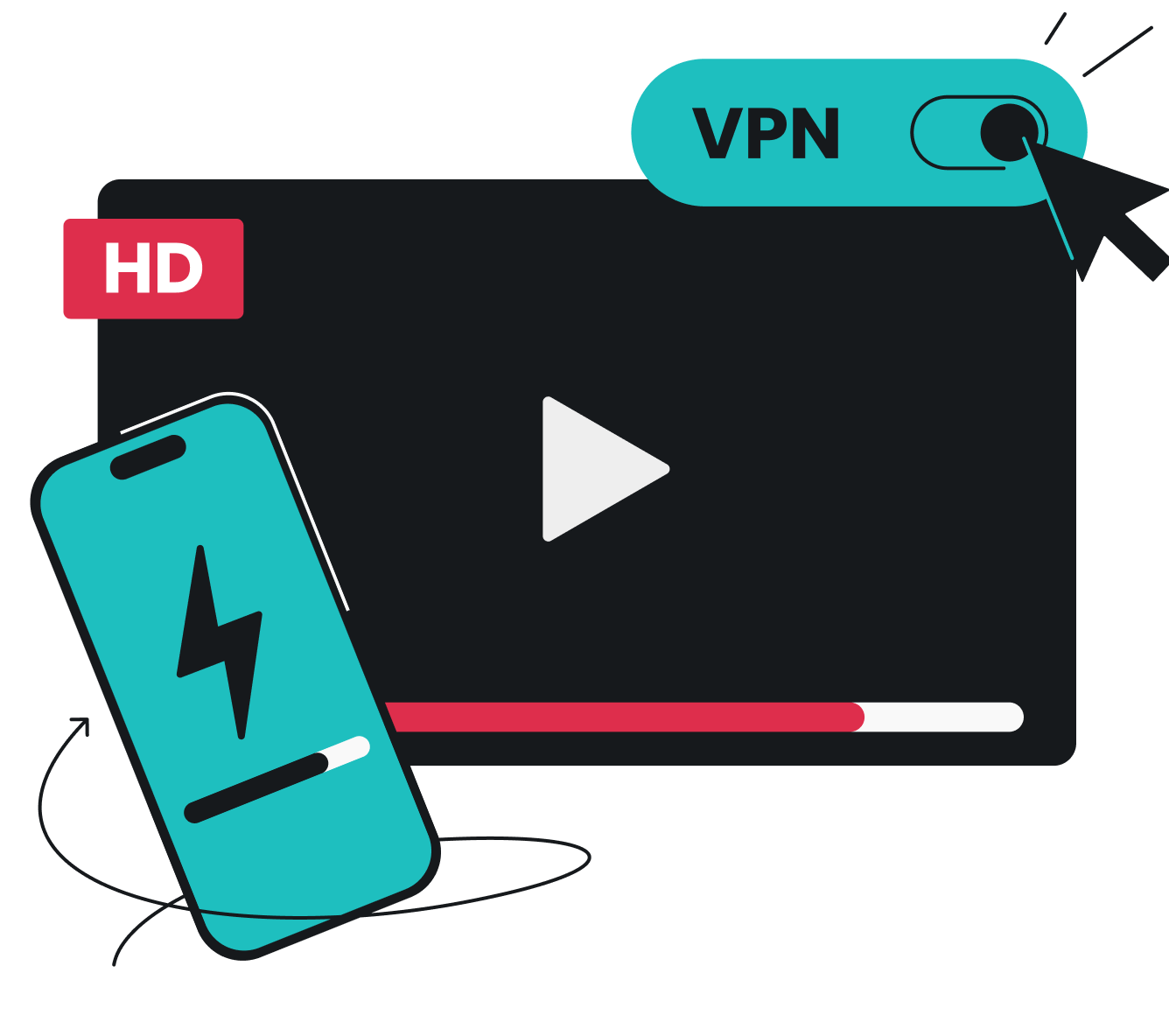 HD video player with play button, progress bar, VPN toggle, and phone icon with a battery icon.