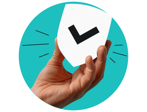 Hand holding a white shield with a black check mark