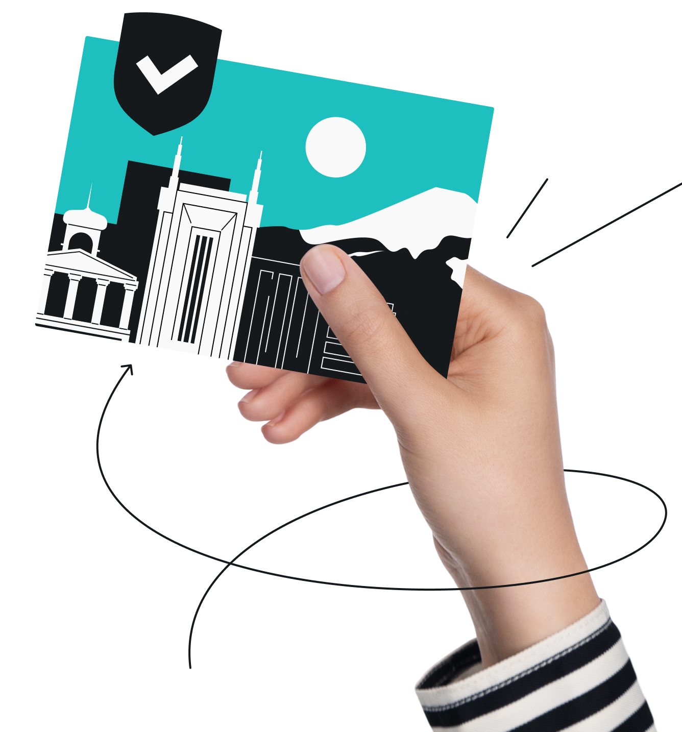 Hand holding a stylized city postcard with a checkmark shield icon.