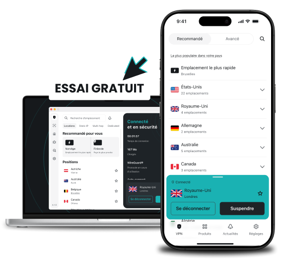 Un ordinateur portable et un téléphone autour d’une bannière Essai gratuit, chaque appareil affichant une liste d’emplacements sur l’application Surfshark.