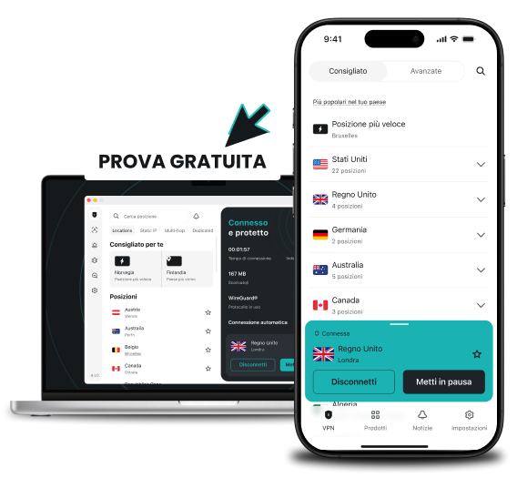 Un portatile e uno smartphone accanto a un banner con su scritto Free Trial; entrambi i dispositivi mostrano l'app Surfshark con un elenco di località.