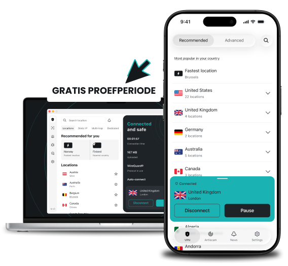 Een laptop en een smartphone flankeren een banner met “Gratis proefperiode”, waarbij elk apparaat een lijst van locaties binnen de Surfshark-app toont.