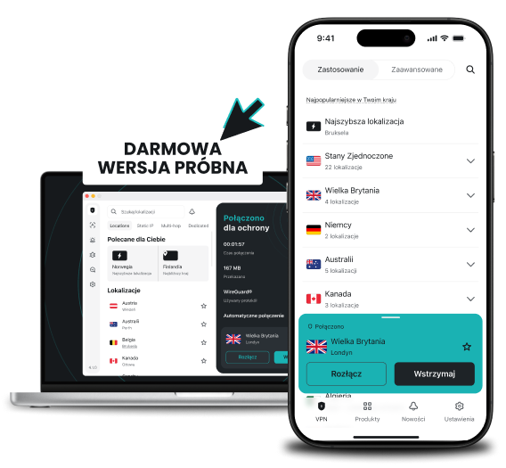 Laptop i smartfon przed banerem z napisem „darmowy okres próbny”, a na każdym urządzeniu wyświetlana jest lista lokalizacji w aplikacji Surfshark.