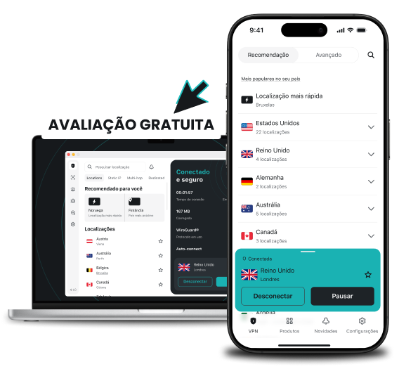 Um laptop e um smartphone ladeiam um banner de Teste Grátis, com cada dispositivo exibindo uma lista de localizações dentro do app da Surfshark.