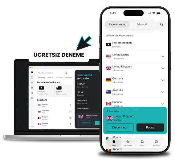 Bir dizüstü bilgisayar ve bir akıllı telefon, "Ücretsiz Deneme" başlığının iki yanında yer alıyor ve her cihazda Surfshark uygulamasındaki konumların bir listesi gösteriliyor.