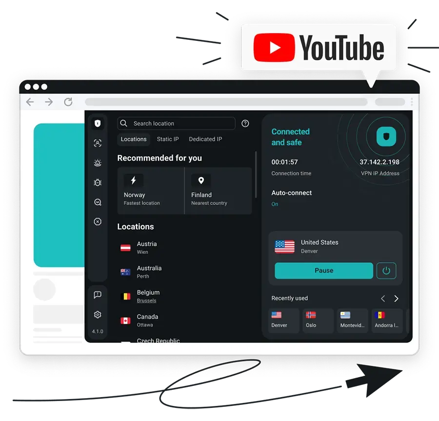 Surfshark VPN interface in an internet browser window showing server locations and a UK connection under the YouTube logo.