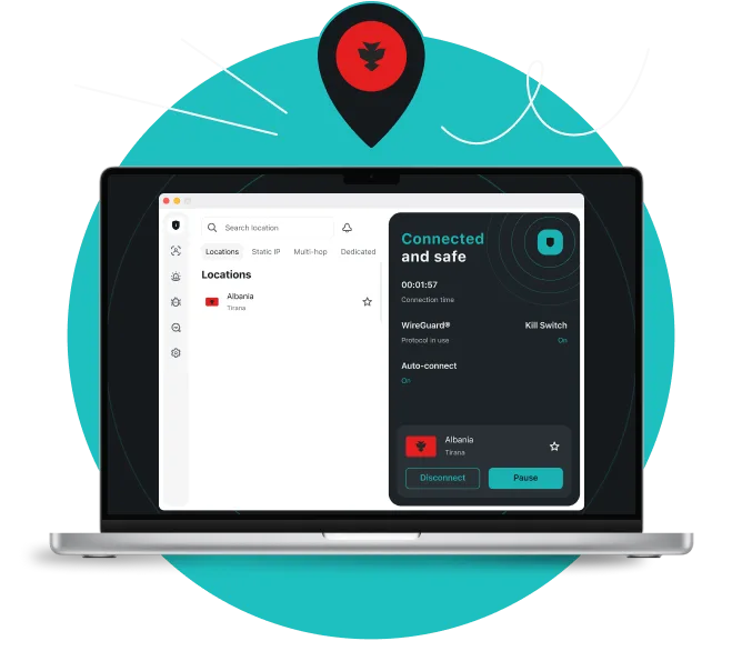 Laptop displaying a VPN app connected to Albania, with a location pin above