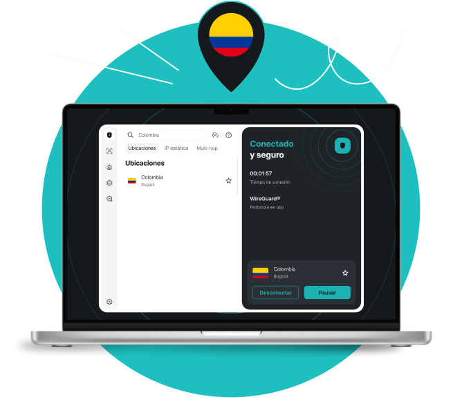 Portátil que muestra la interfaz de la aplicación Surfshark VPN conectada a Colombia, con un marcador de ubicación con la bandera de Colombia situado encima.