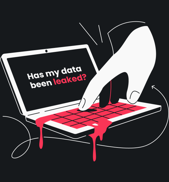 A hand on a laptop with red liquid dripping from the keyboard and the question has my data been leaked shown on the screen.