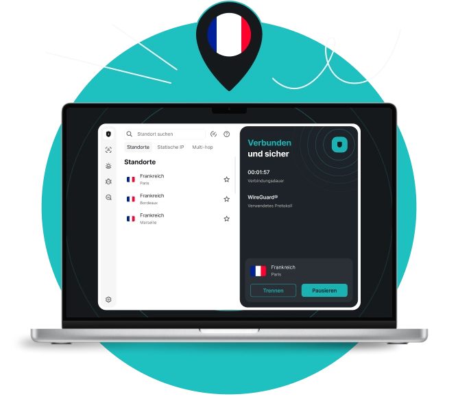Laptop-Bildschirm mit der Surfshark VPN-App, die Verbunden und sicher und eine Frankreich-Standortnadel zeigt