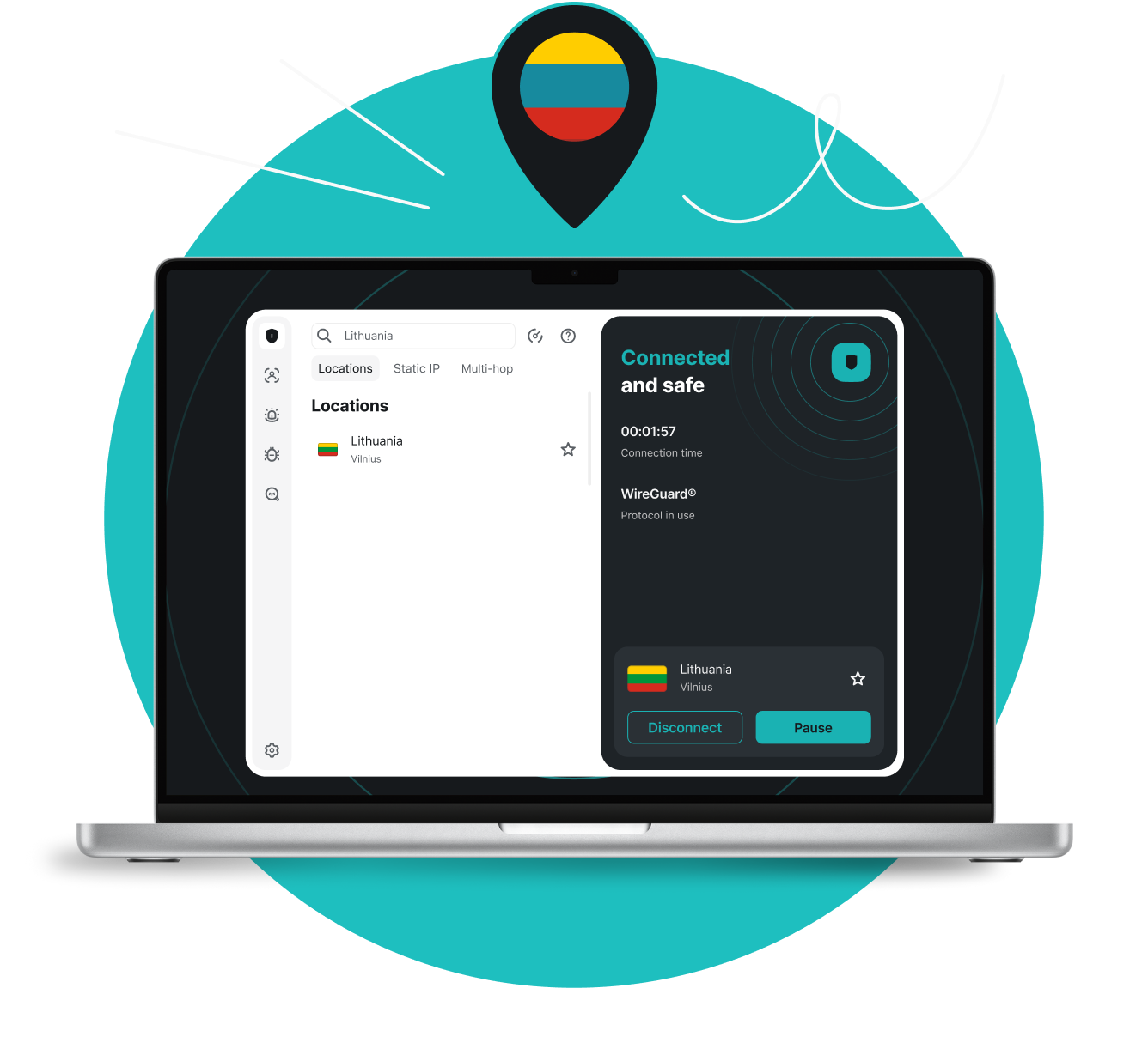 Laptop screen showing Surfshark VPN connected to a Vilnius server, with a location pin above displaying the Lithuanian flag.