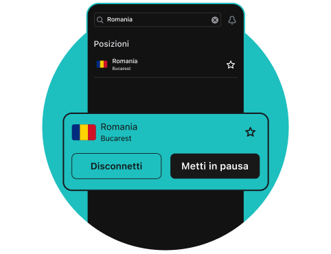 Schermata dell'app VPN con Romania, Bucuresti selezionata e i pulsanti Disconnetti e Metti in pausa.