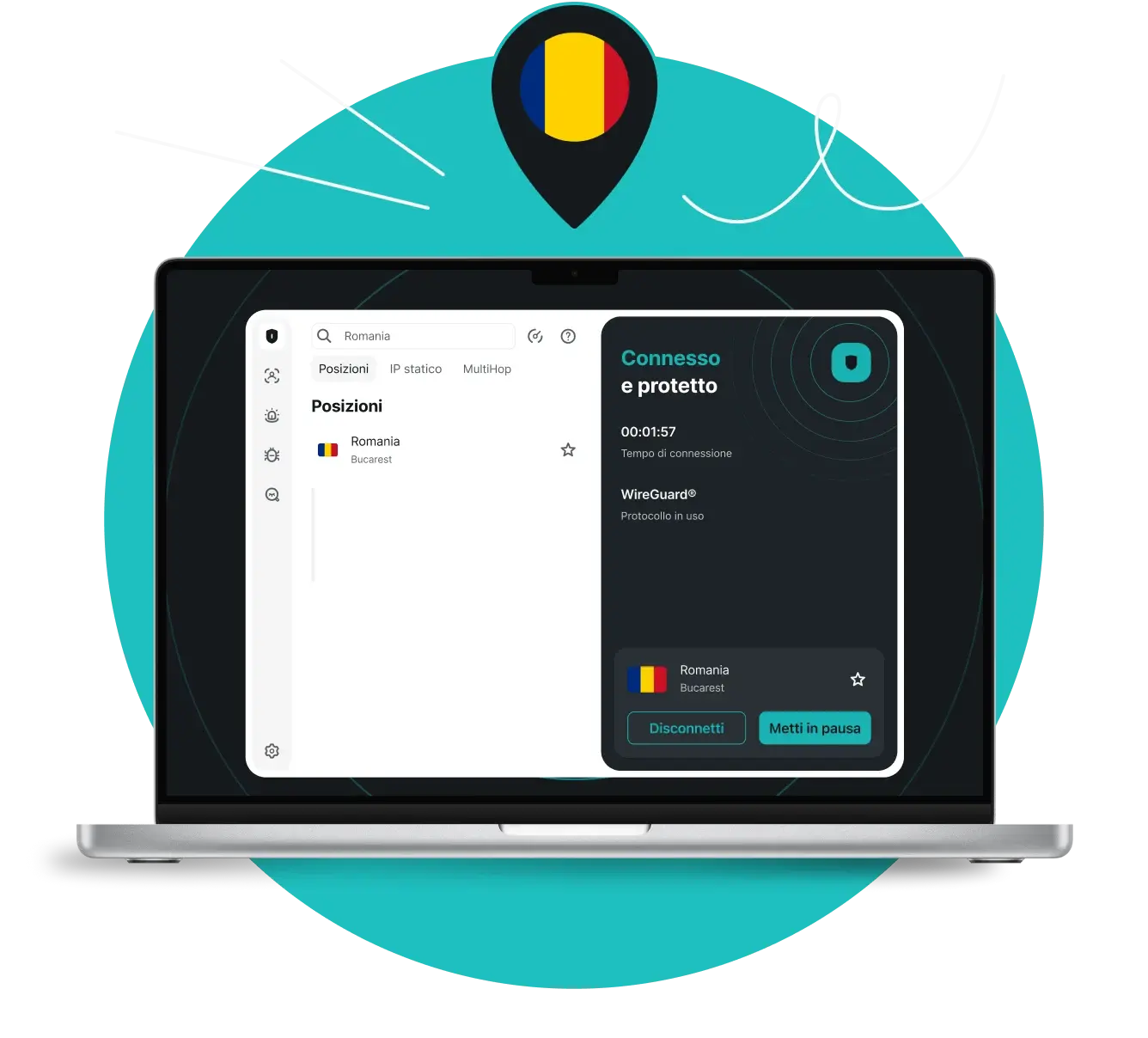 Laptop con l'app VPN che mostra lo stato Connesso e protetto e una puntina della posizione con la bandiera rumena in alto.