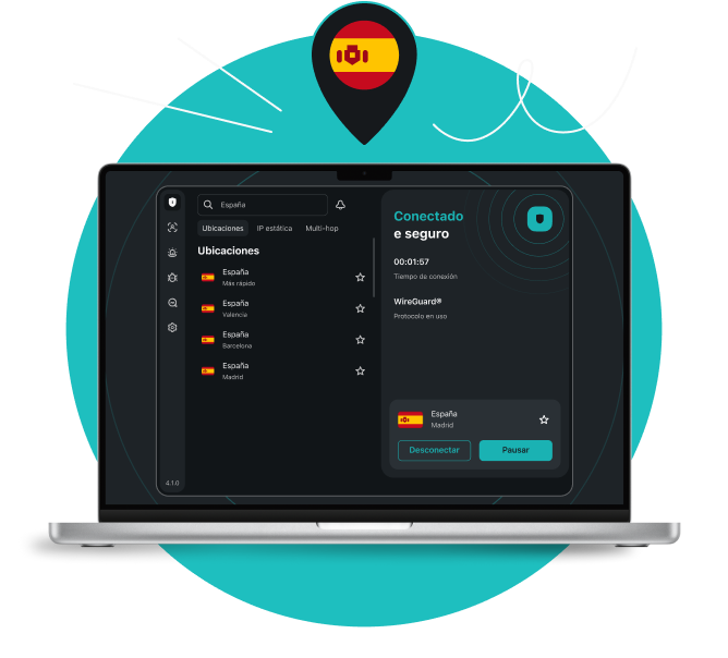 Ordenador portátil que muestra la aplicación Surfshark VPN conectada a un servidor de Barcelona, ​​bajo un marcador en el mapa con la bandera española.