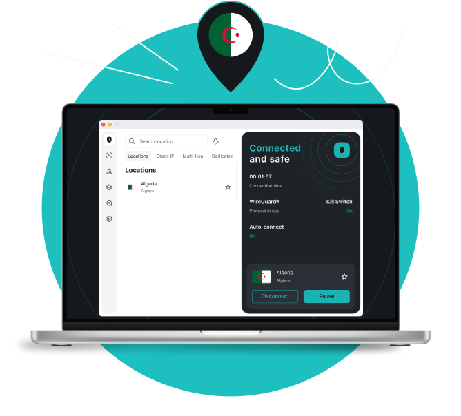 Laptop screen showing Surfshark VPN connected to a Algiers server, with a location pin above displaying the Algerian flag.