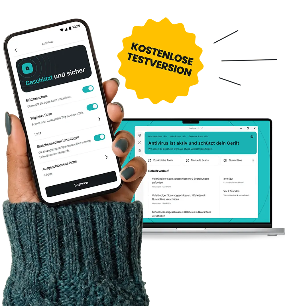 Eine Hand hält ein Smartphone neben einem Laptop, beide zeigen die Surfshark Antivirus-Benutzeroberfläche und darüber ein Badge für eine kostenlose Testversion.