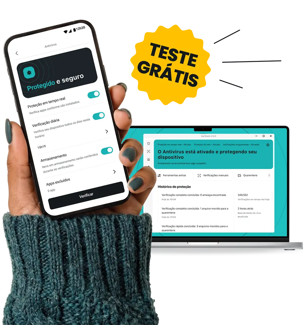 Uma mão segurando um smartphone ao lado de um laptop, ambos exibindo a interface do Surfshark Antivirus, e um selo de teste grátis acima.