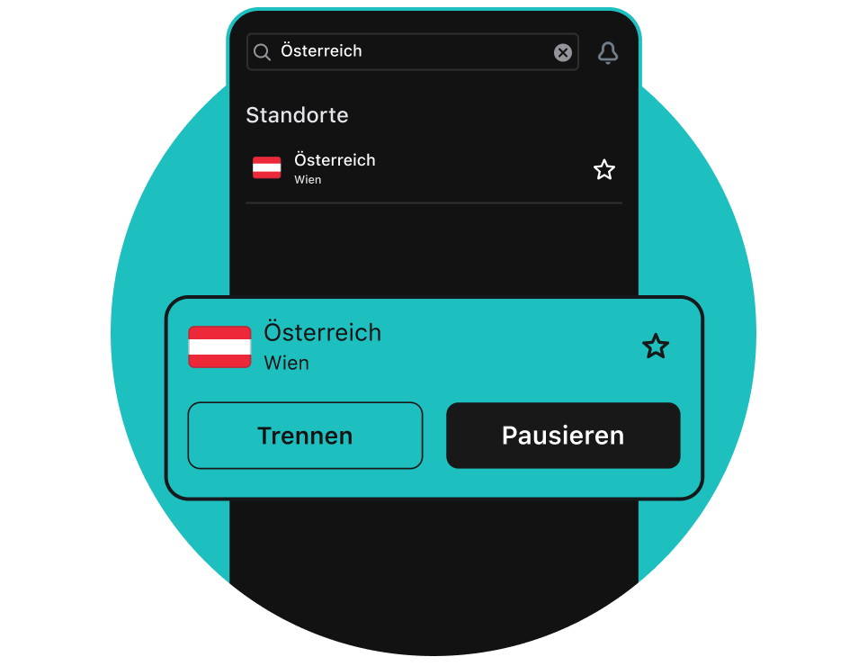 Surfshark-App-Bildschirm, der „Österreich, Wien“ mit den Schaltflächen „Trennen“ und „Pausieren“ zeigt.