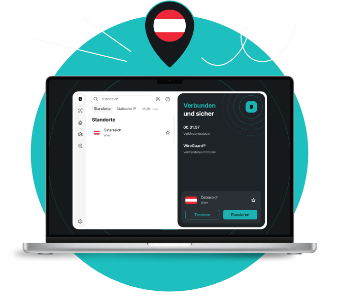 Laptop mit Surfshark VPN-App, die „Verbunden und sicher“ und eine Standort-Stecknadel für Österreich zeigt.