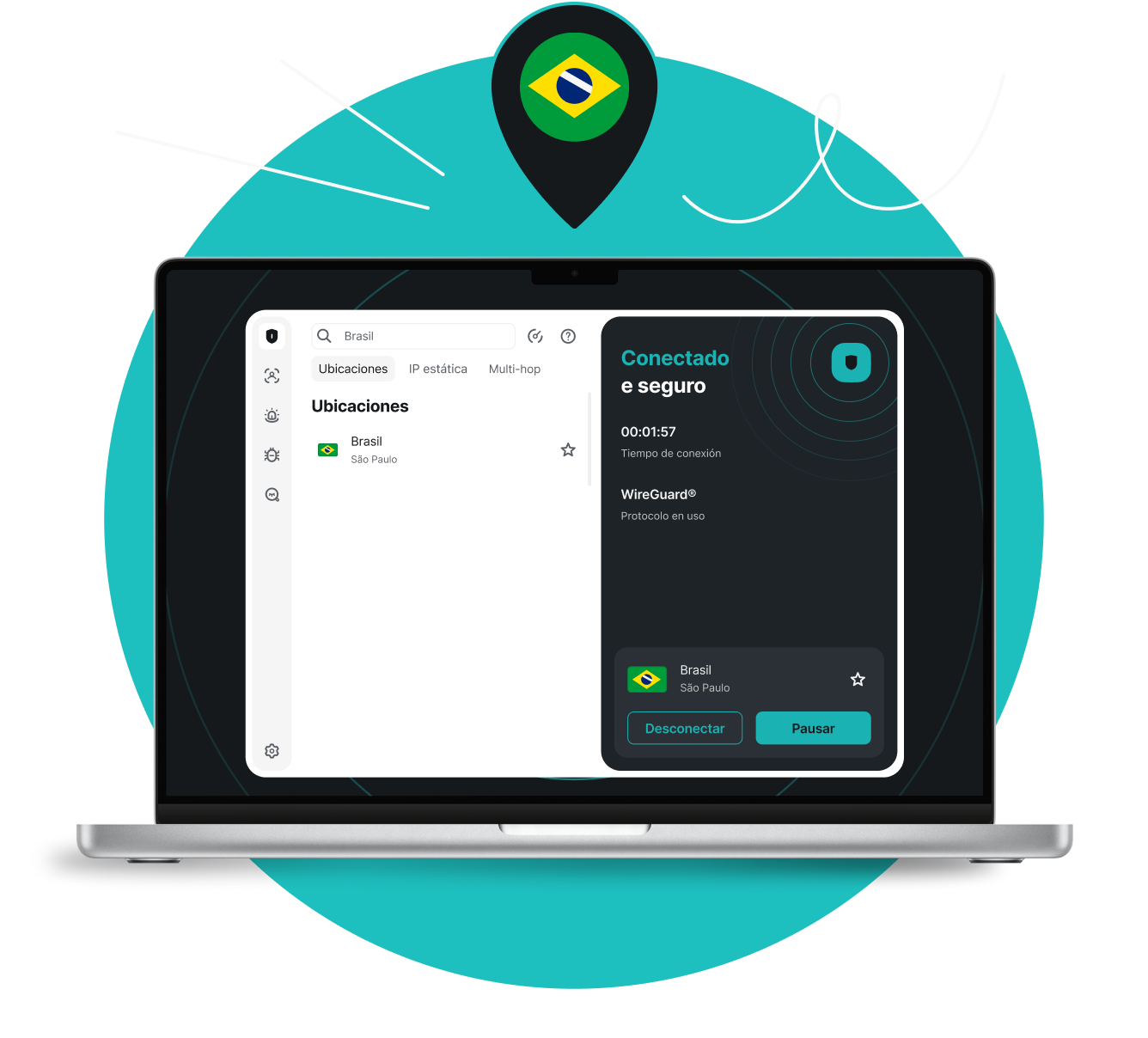 Laptop mostrando um aplicativo VPN: Conectado e seguro, Brasil, com um pino de localização da bandeira do Brasil acima.