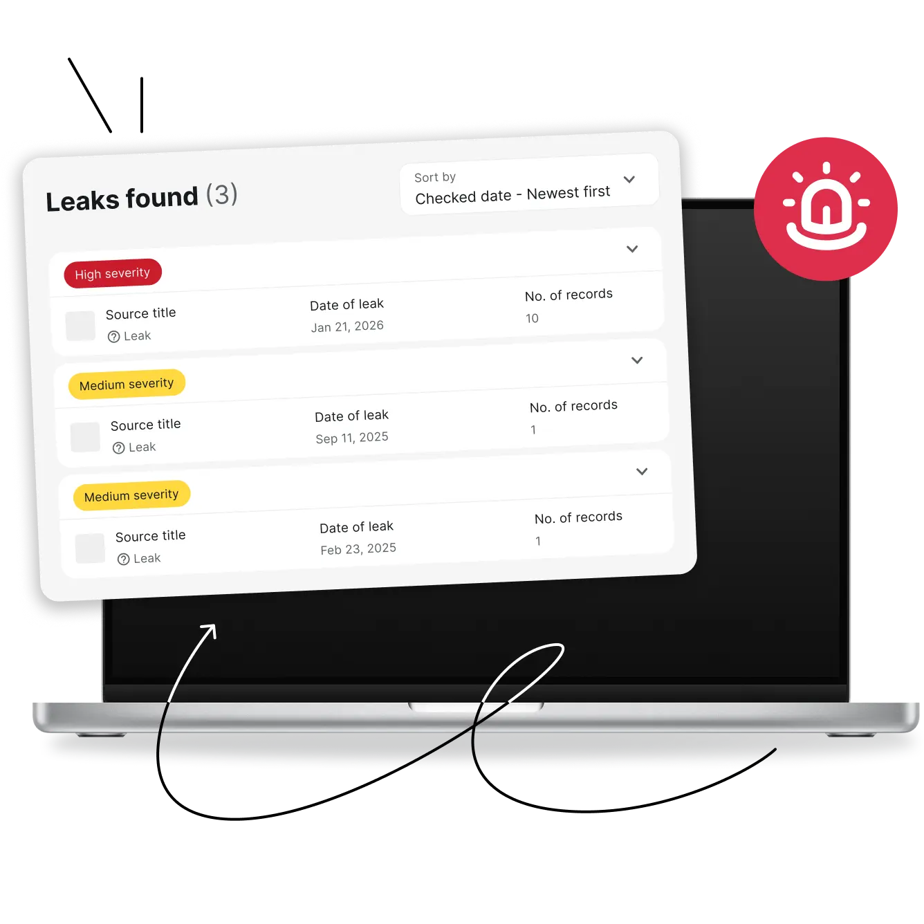 Laptop showing a Leaks found (3) dashboard with high and medium severity leak entries and record counts.