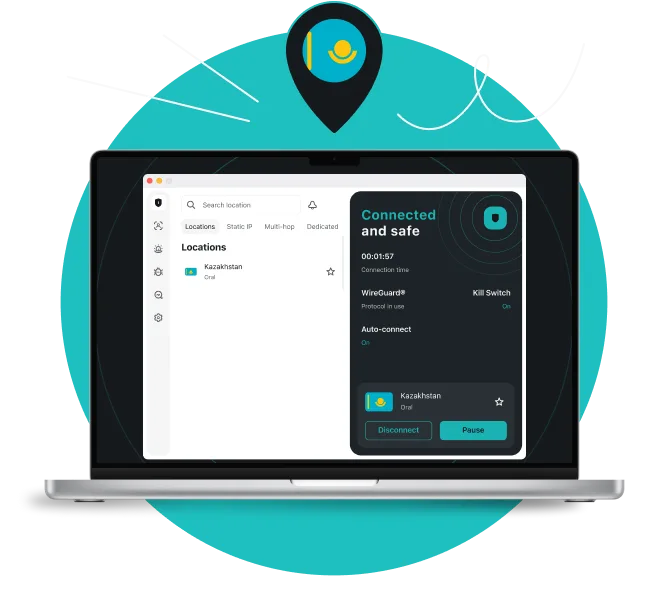 Laptop screen showing Surfshark VPN connected to a Oral server, with a location pin above displaying the Kazakh flag.