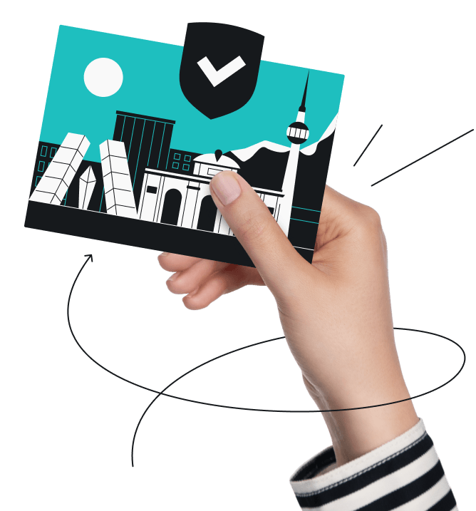 Hand holding card with Madrid's cityscape and famous landmarks like Faro de Moncloa and a checkmarked shield