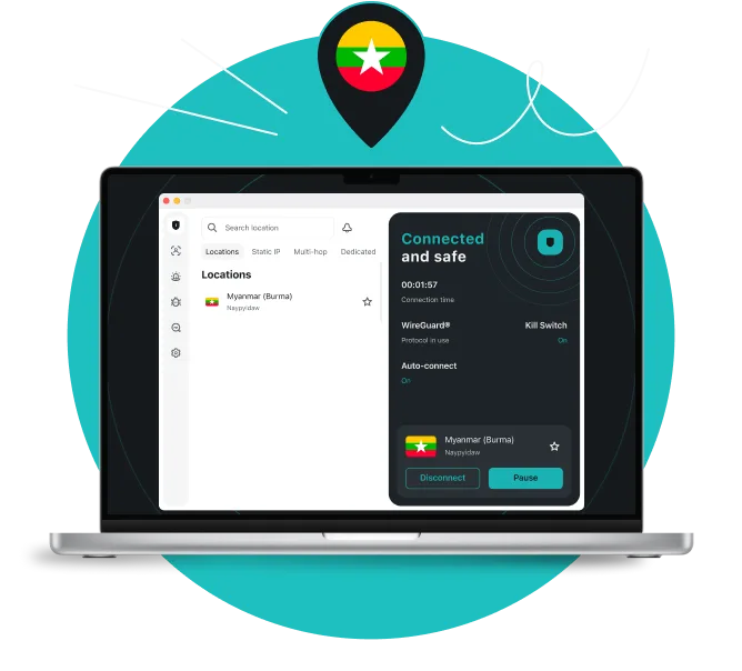 Laptop screen showing Surfshark VPN connected to a Naypyidaw server, with a location pin above displaying the Myanmarese flag.