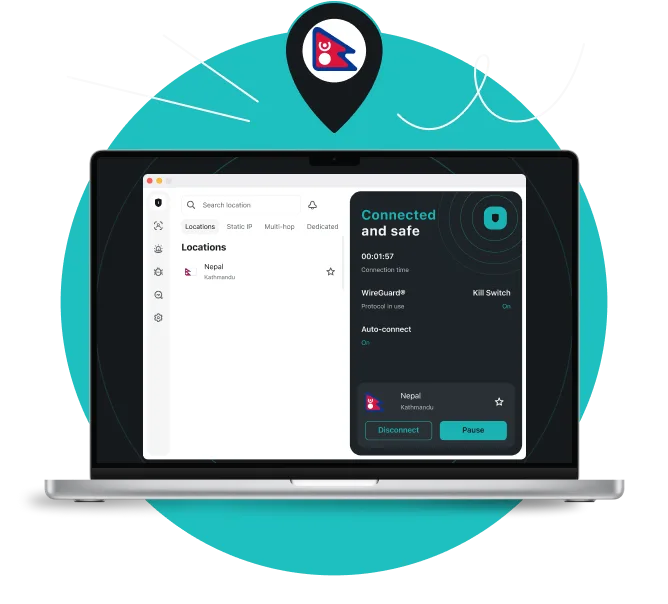 Laptop screen showing Surfshark VPN connected to a Kathmandu server, with a location pin above displaying the Nepali flag.