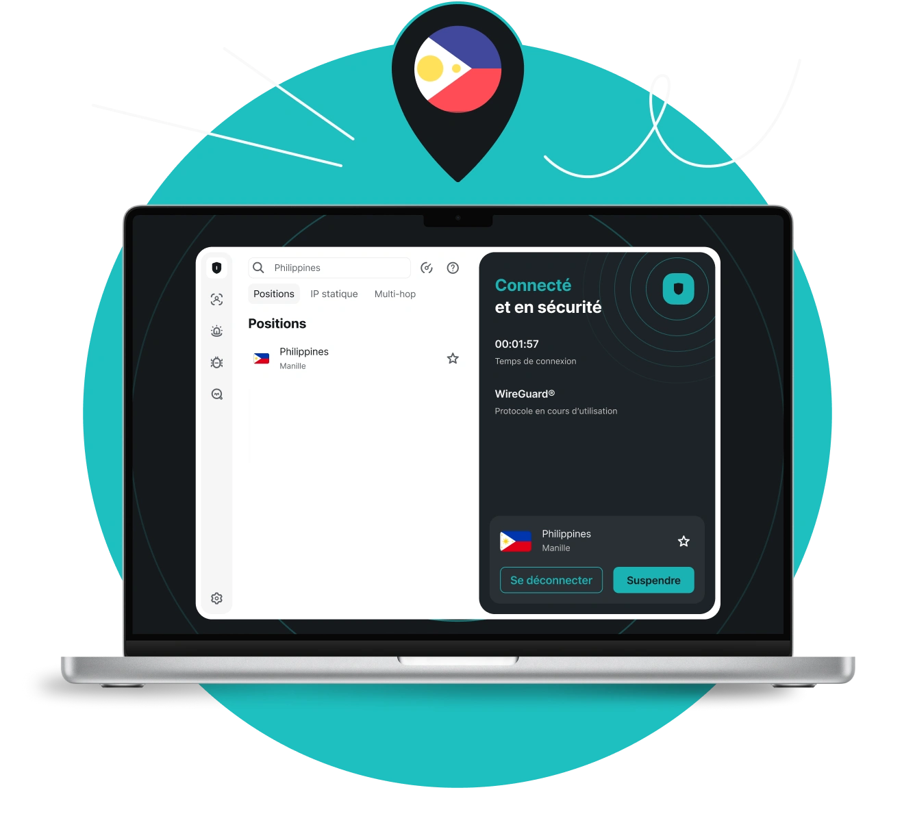 Un ordinateur portable affichant l'application Surfshark connectée à un serveur dans la ville de Manille, avec une épingle de localisation du drapeau des Philippines au-dessus.