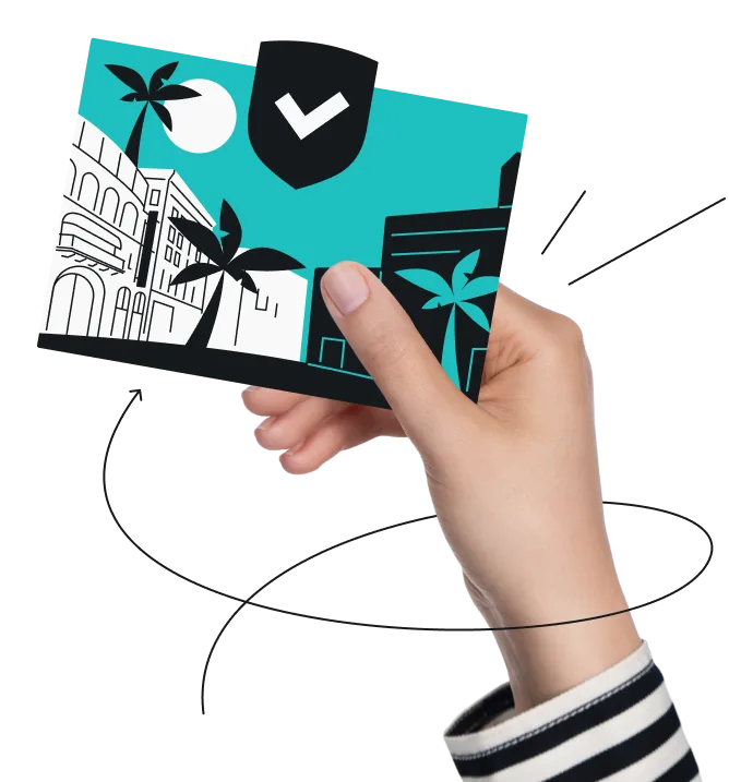 A hand holding a postcard with San Jose image on it and a shield.
