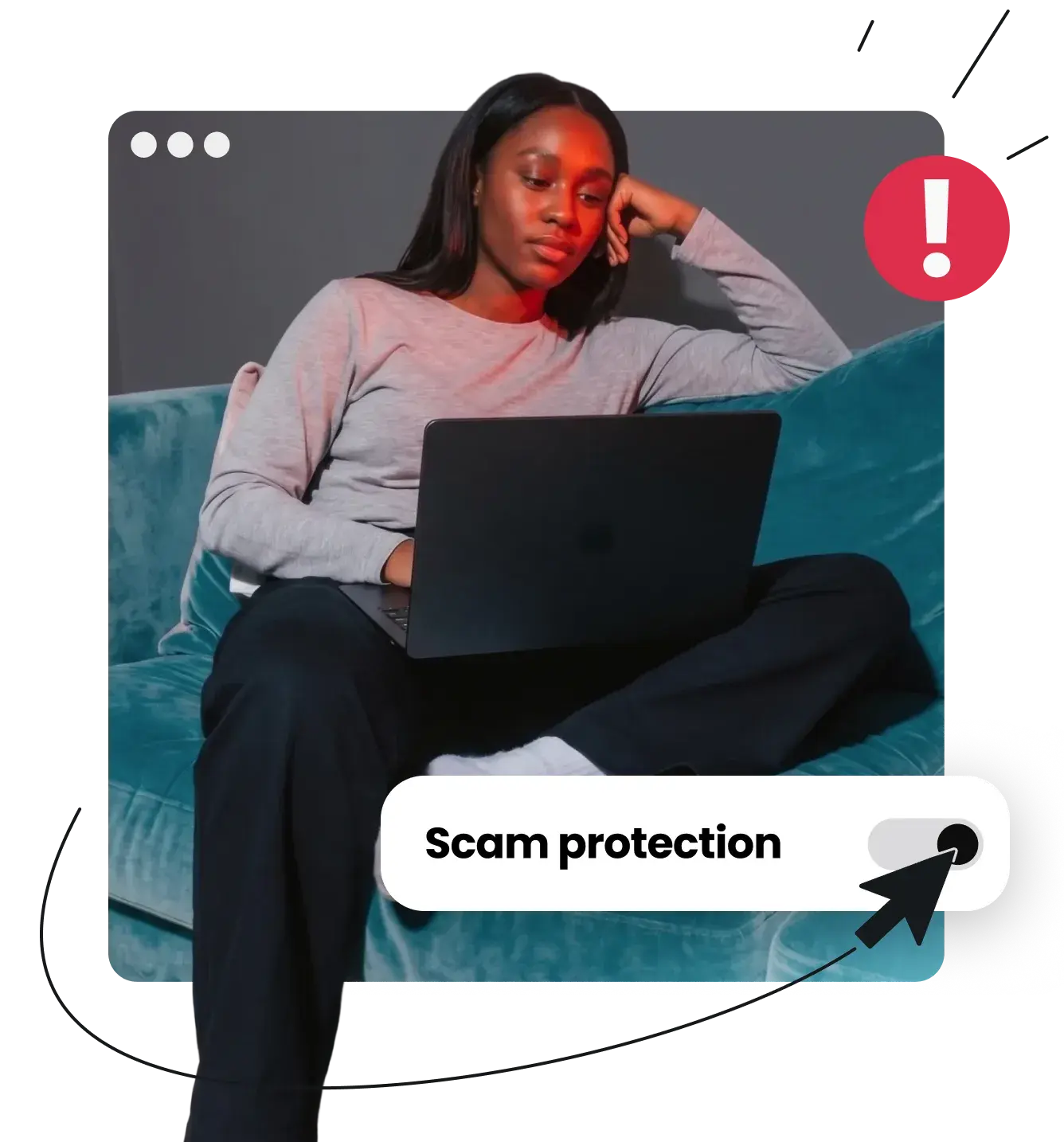 Woman using a laptop with Scam protection alert toggle on