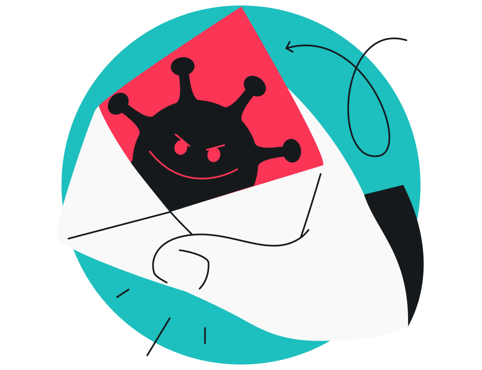 Hand holding open envelope with a red interior and a black virus coming out