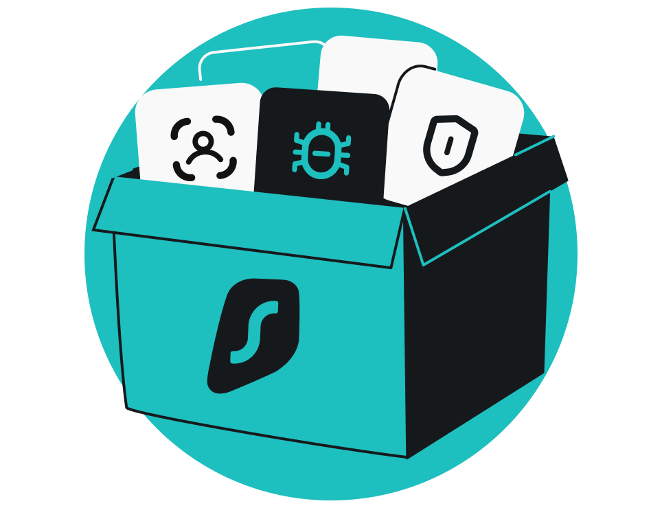 Open teal box with user, bug, and shield icon cards inside